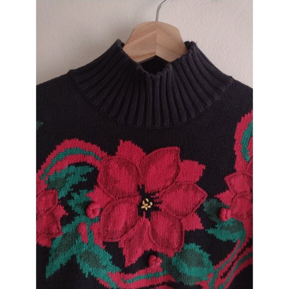 Vintage 90s Holiday Sweater L Pretty Bold Poinsettia Picone Sport Mock Neck - Picture 4 of 10